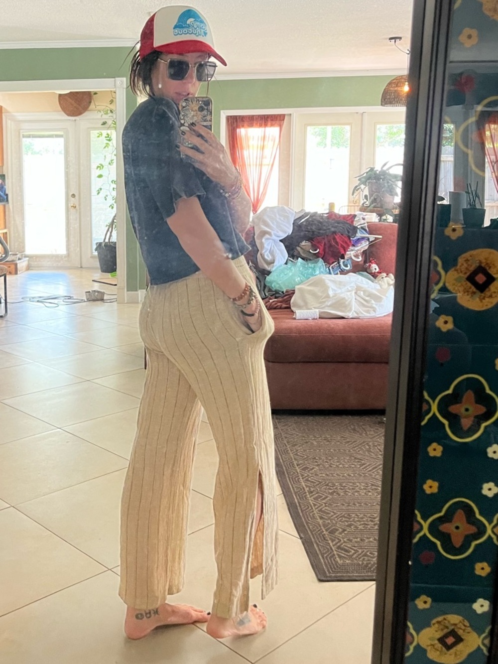 DREW Neutral Beige Pinstripe Linen-Blend Pants Size small